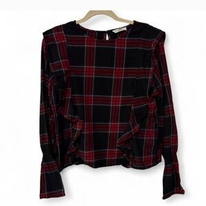 beachlunchlounge Navy and Burgundy Plaid Knit Top